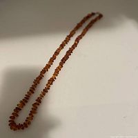 Full view of the amber bead necklace showing the strand shape and bead size consistency