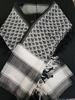 Scarf displaying black and white scale-like pattern and horizontal stripes with fringed tassels.