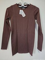 Front full view of the brown long sleeve sweater on hanger with tag visible showing size and new condition.