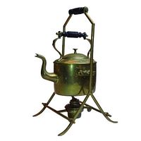 Photo of the assembled brass tea kettle on its tiltable stand with kerosene burner under the kettle.