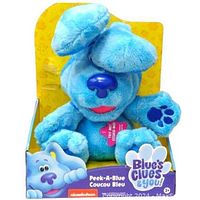 Front view of Blue’s Clues & You Peek-A-Blue plush toy in original open box packaging. Toy is seated with visible face, ears, and one paw with blue embroidered paw print. The box displays the toy's name and branding.