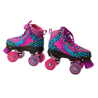Side and angled view of the pair of teal and pink leopard print Rio Roller quad skates with purple and pink wheels and front toe stops.
