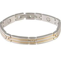 Front view of the two tone steel magnetic bracelet showing alternating gold and silver horizontal links.