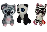 Photo of the set of three Ty Beanie Boo plush toys: Katy Grey Koala, Ming Panda Bear, and Zoey Zebra, showing their overall condition and size.