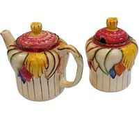 Photo of the teapot and sugar/jam pot showing the hand painted floral design and lids.