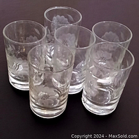 Six of the clear juice glass tumblers grouped showing etched corn flower designs on a dark surface.