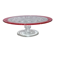 Side view of vintage cranberry flash glass cake stand with ruby red rim and clear pedestal base, showing diameter and height proportions.