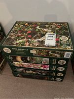 Stack of five Cobble Hill jigsaw puzzle boxes featuring botanical themes including succulents and flowers. Each box is green and labeled as 1000+ piece puzzle.