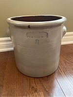 Stoneware crock showing full front with stamped 'HART BROS. & LAZIER BAY OF QUINTE WORKS' above number 3