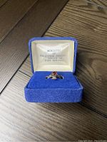 Ring in blue velvet box with Ministry of Solicitor General Office of Fire Marshal imprint inside lid