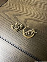 Front view of both brooches on wood surface