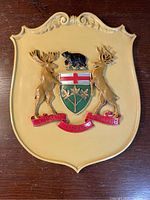 Front view of the shield-shaped plaque depicting the Coat of Arms of Ontario with two moose and a black bear crest, painted in green, red, and gold colors.