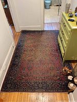 View of the rug laid out in a hallway near a green dresser and doorway showing the full pattern and detailing.