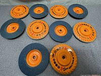Full set of 10 Walter Enduroflex grinding discs showing the abrasive flap surfaces and orange center hubs.