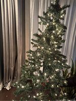 Artificial Christmas tree set up indoors with plug-in clear string lights turned on. Tree appears green with dense branches and lights wrapped throughout.