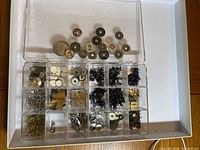 Overview of miscellaneous coins and hardware items separated in a plastic storage container with multiple compartments.