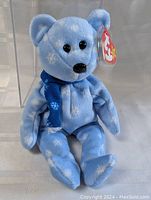 Front view of the 1999 Holiday Teddy Beanie Baby in blue with snowflake pattern inside clear protective case, showing tag attached to ear.