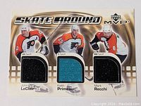 Front view of the 2002 Upper Deck MVP 'Skate Around' hockey card with three embedded jersey swatches from players John LeClair, Keith Primeau, and Mark Recchi. Clear visibility of player photos, names, positions, and fabric colors.
