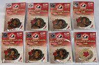 Front view of eight individually packaged 2006 Team Canada Hockey Pins featuring player images and official logos.