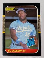 Front of 1987 Leaf baseball card featuring Bo Jackson in Royals uniform with 'Rated Rookie' label
