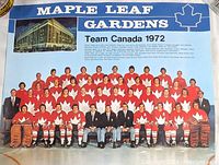 Full view of the 1972 Team Canada hockey team poster showing team members, Maple Leaf Gardens illustration, and text header.
