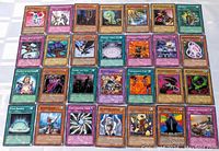 Full spread of all 28 Yu-Gi-Oh cards laid out together on a flat surface showing card names, types, and artwork.