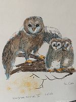 Close-up photo of "Under Cover II" print showing detailed owl figures, signature and numbering 64/250 by M. Cole