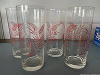 Front view of the set of 4 vintage drinking glasses featuring red fern design on clear glass. Shows overall appearance and design on each glass.