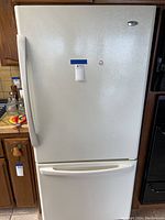 Front view of the Amana refrigerator showing the full door and freezer drawer below