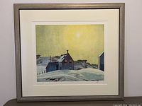 Full view of framed and matted print showing winter landscape and wood frame
