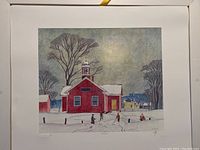 Full view of the limited edition print featuring the red school house with children and trees in winter under moonlight.