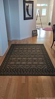 Full view of the jute area rug placed on a hardwood floor in an entryway or hallway.