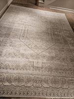 Photo of a large rectangular area rug laid out on a floor, showing detailed pattern work and overall condition.