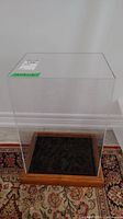 Front view of the clear plexiglass display case with wooden base on a patterned rug.