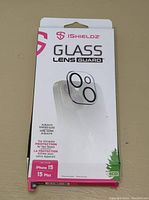 Front of packaging showing product name, brand iShieldz and compatibility with iPhone 15 Plus