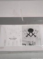 Close-up photo of the product label on the box showing the Amzasa ceiling light fixture image and diagram indicating it needs 4 G9 bulbs (not included).