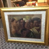Front view of framed artwork depicting seven women and one child portrait, signed by the artist. Warm tones with gold frame and cream matting visible.