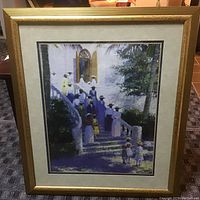 Full view of framed art print showing people in period dress on steps near a building and tree.