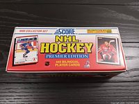 Closed box of 1990 Score NHL Hockey Premier Edition showing front with labels and player card images.