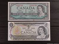 Front side of both Canadian one dollar bills dated 1954 and 1973 showing Queen Elizabeth II and serial numbers.