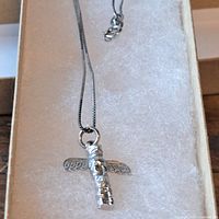 Close-up photo showing the sterling silver totem pendant with detailed feathered wings and face on an 18 inch box chain.