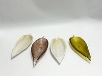 Top view of four Murano glass leaf figurines in white, brown, translucent white, and amber green showing shape and color detail.