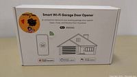 Closed box of the Smart WiFi Garage Door Opener RS6100 showing front and side with compatibility icons for Apple HomeKit, Amazon Alexa, and Google Assistant