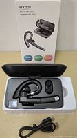 Wireless Bluetooth headset, charging case with LED display and USB charging cable in foam insert inside packaging box.