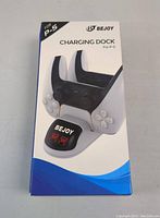 Front and additional side view of the Bejoy PS5 charging dock packaging, showing product image and branding.