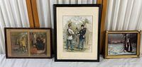 Three framed vintage prints, largest depicting Civil War soldiers, two smaller framed prints including a horse rider and a winter scene