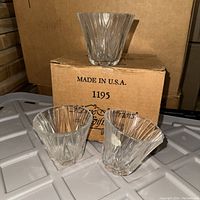 Three clear crystal glasses displayed with original box labeled Made in U.S.A. with number 1195 showing vertical and diagonal cut patterns.