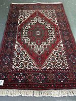 Full view of the handmade wool rug showing central medallion and border