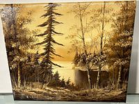 Full view of the landscape oil painting showing the trees, water, and signature.