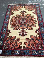 Overall view of rug on concrete floor showing full design and fringe